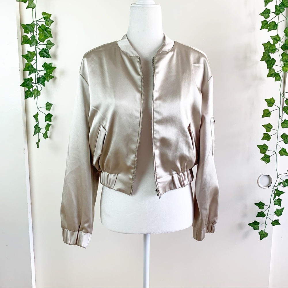 NWT Zara champagne white gold satin-finish bomber jacket